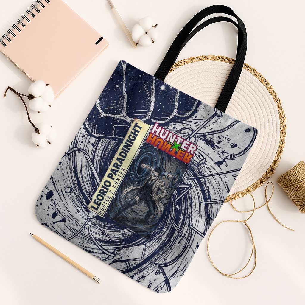 Leorio Paradinight Portal Energy Theme Tote Bag with Dynamic Anime Artwork and Blue Grunge Design - The Mazicc