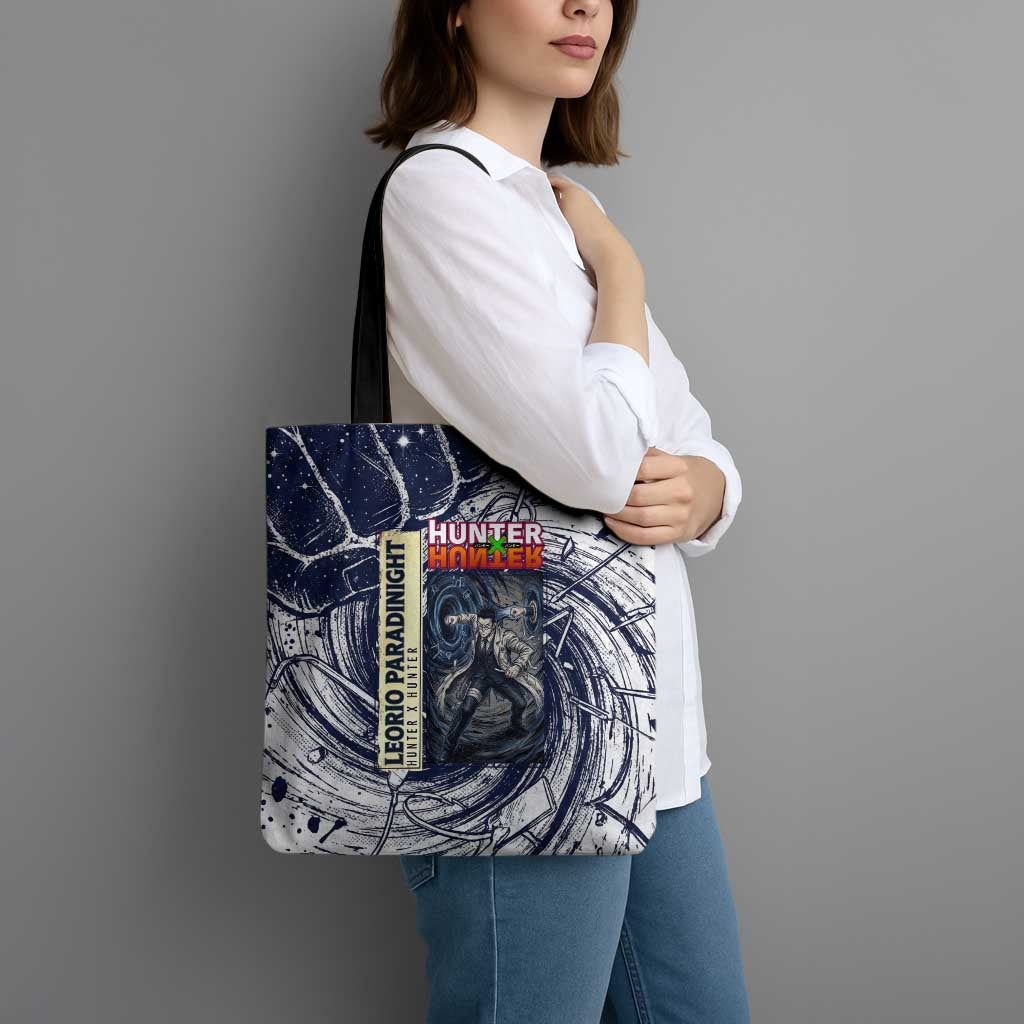 Leorio Paradinight Portal Energy Theme Tote Bag with Dynamic Anime Artwork and Blue Grunge Design - The Mazicc