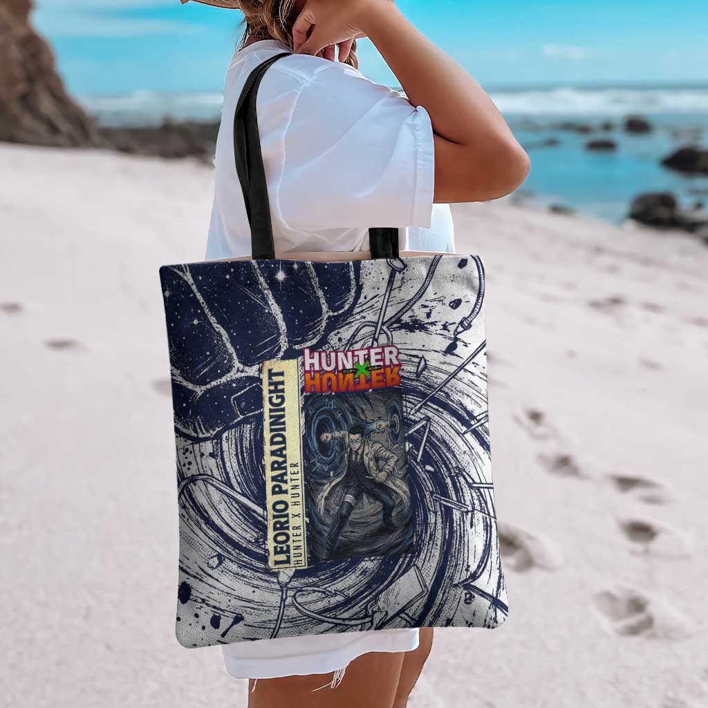 Leorio Paradinight Portal Energy Theme Tote Bag with Dynamic Anime Artwork and Blue Grunge Design - The Mazicc