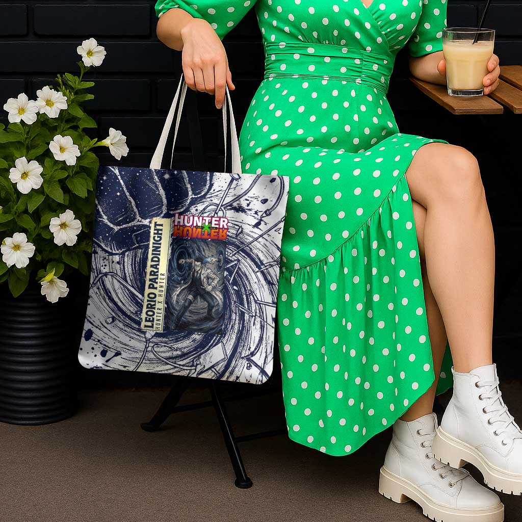 Leorio Paradinight Portal Energy Theme Tote Bag with Dynamic Anime Artwork and Blue Grunge Design - The Mazicc