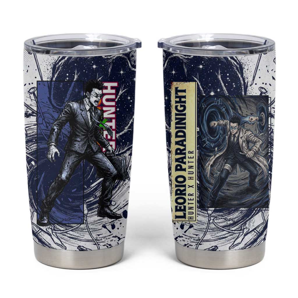Leorio Paradinight Portal Energy Theme Tumbler Cup with Dynamic Anime Artwork and Blue Grunge Design - The Mazicc