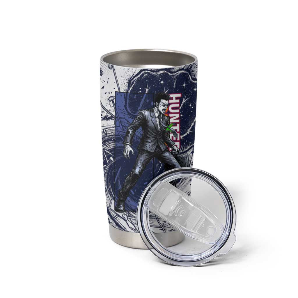 Leorio Paradinight Portal Energy Theme Tumbler Cup with Dynamic Anime Artwork and Blue Grunge Design - The Mazicc