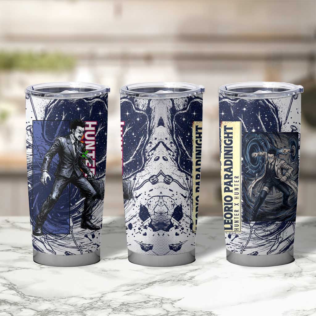 Leorio Paradinight Portal Energy Theme Tumbler Cup with Dynamic Anime Artwork and Blue Grunge Design - The Mazicc