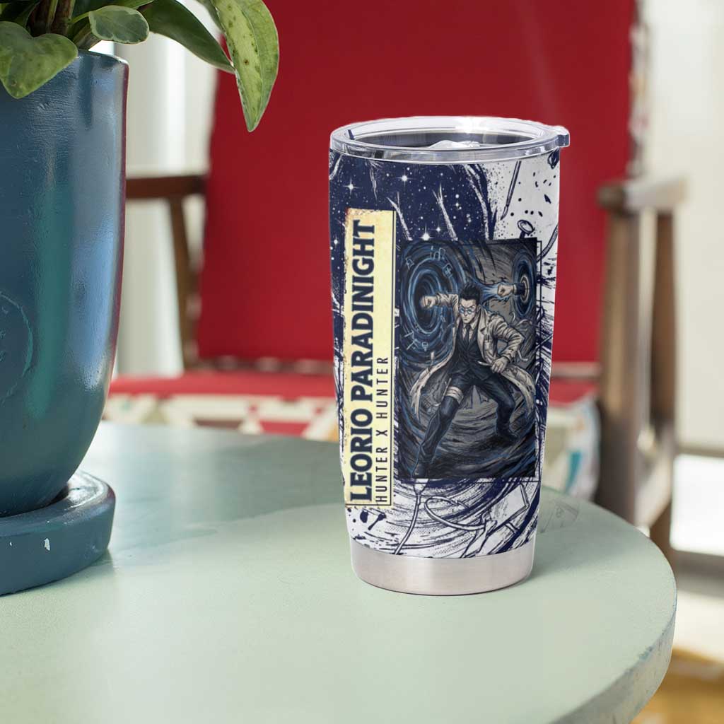 Leorio Paradinight Portal Energy Theme Tumbler Cup with Dynamic Anime Artwork and Blue Grunge Design - The Mazicc