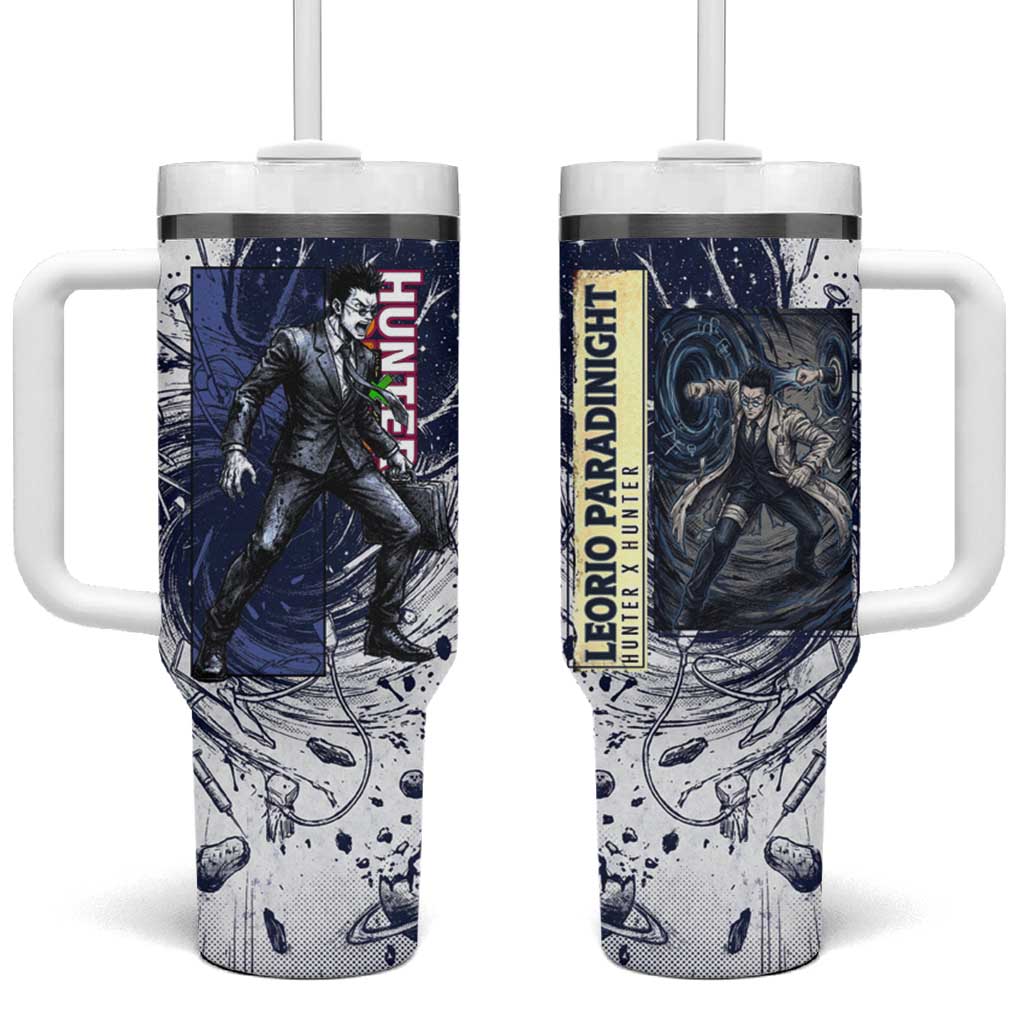 Leorio Paradinight Portal Energy Theme Tumbler With Handle with Dynamic Anime Artwork and Blue Grunge Design - The Mazicc