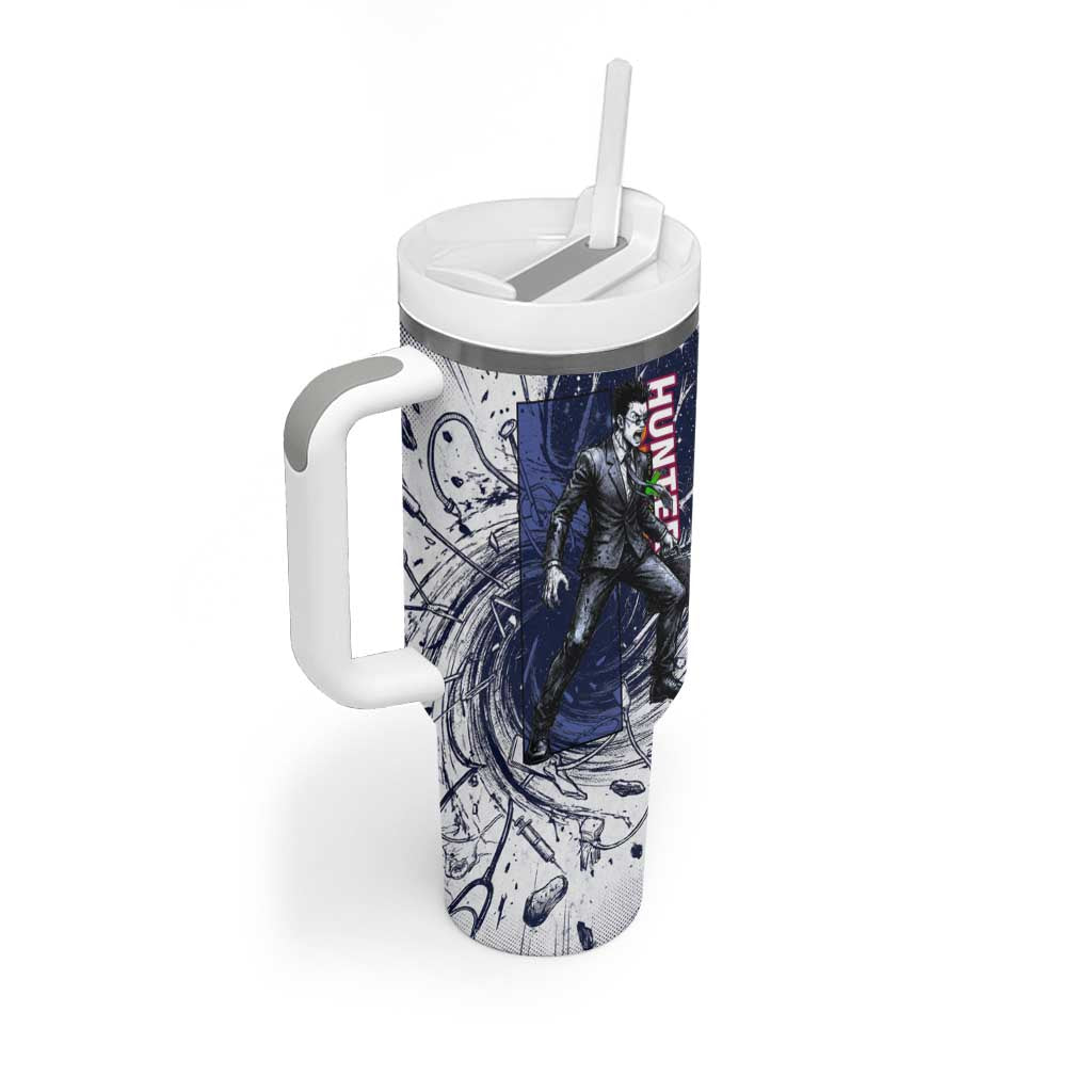 Leorio Paradinight Portal Energy Theme Tumbler With Handle with Dynamic Anime Artwork and Blue Grunge Design - The Mazicc
