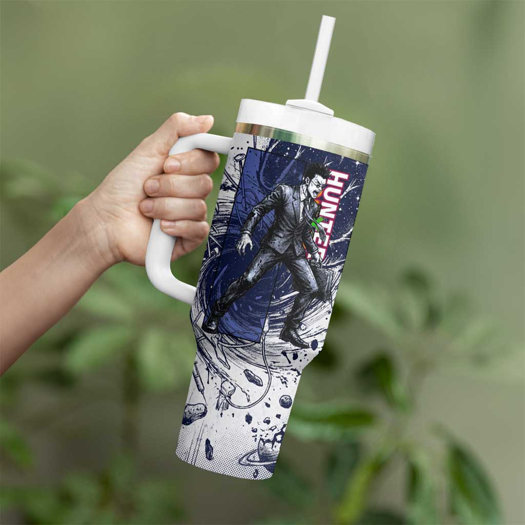 Leorio Paradinight Portal Energy Theme Tumbler With Handle with Dynamic Anime Artwork and Blue Grunge Design - The Mazicc