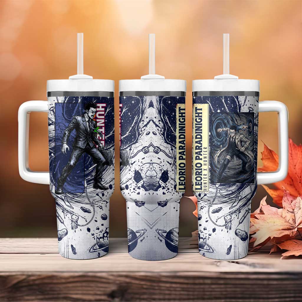 Leorio Paradinight Portal Energy Theme Tumbler With Handle with Dynamic Anime Artwork and Blue Grunge Design - The Mazicc