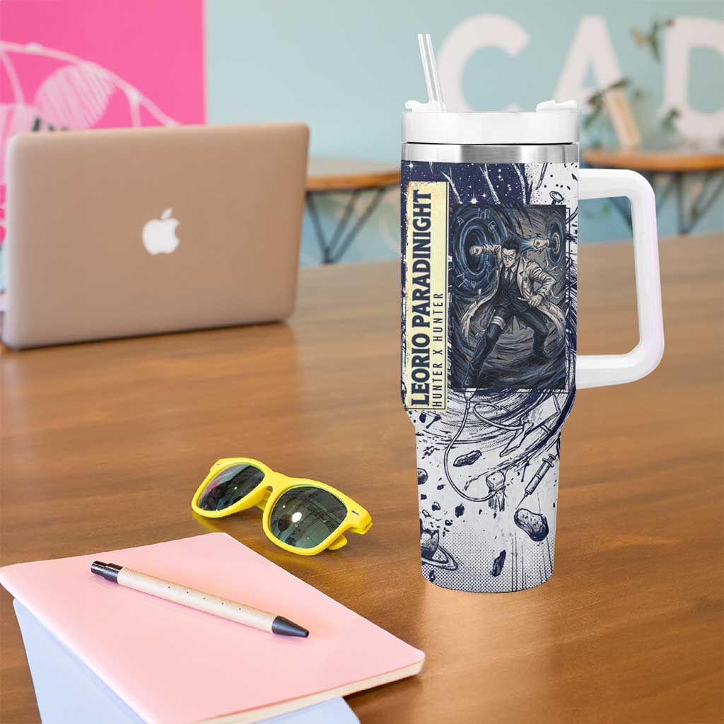 Leorio Paradinight Portal Energy Theme Tumbler With Handle with Dynamic Anime Artwork and Blue Grunge Design - The Mazicc