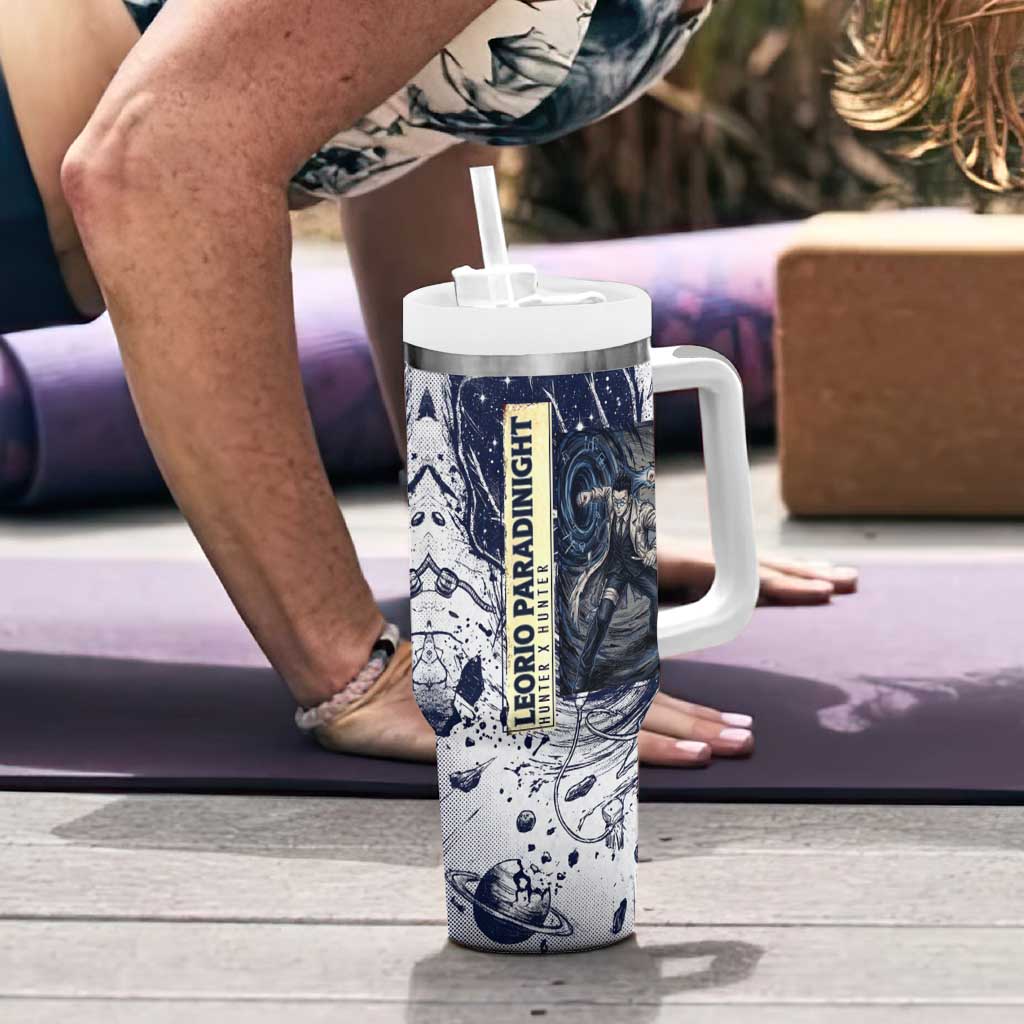 Leorio Paradinight Portal Energy Theme Tumbler With Handle with Dynamic Anime Artwork and Blue Grunge Design - The Mazicc