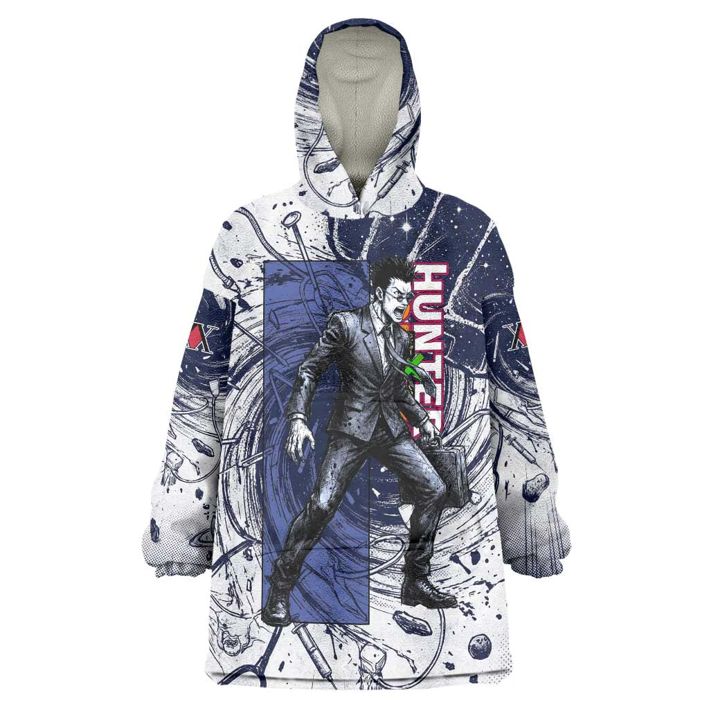 Leorio Paradinight Portal Energy Theme Wearable Blanket Hoodie with Dynamic Anime Artwork and Blue Grunge Design - The Mazicc