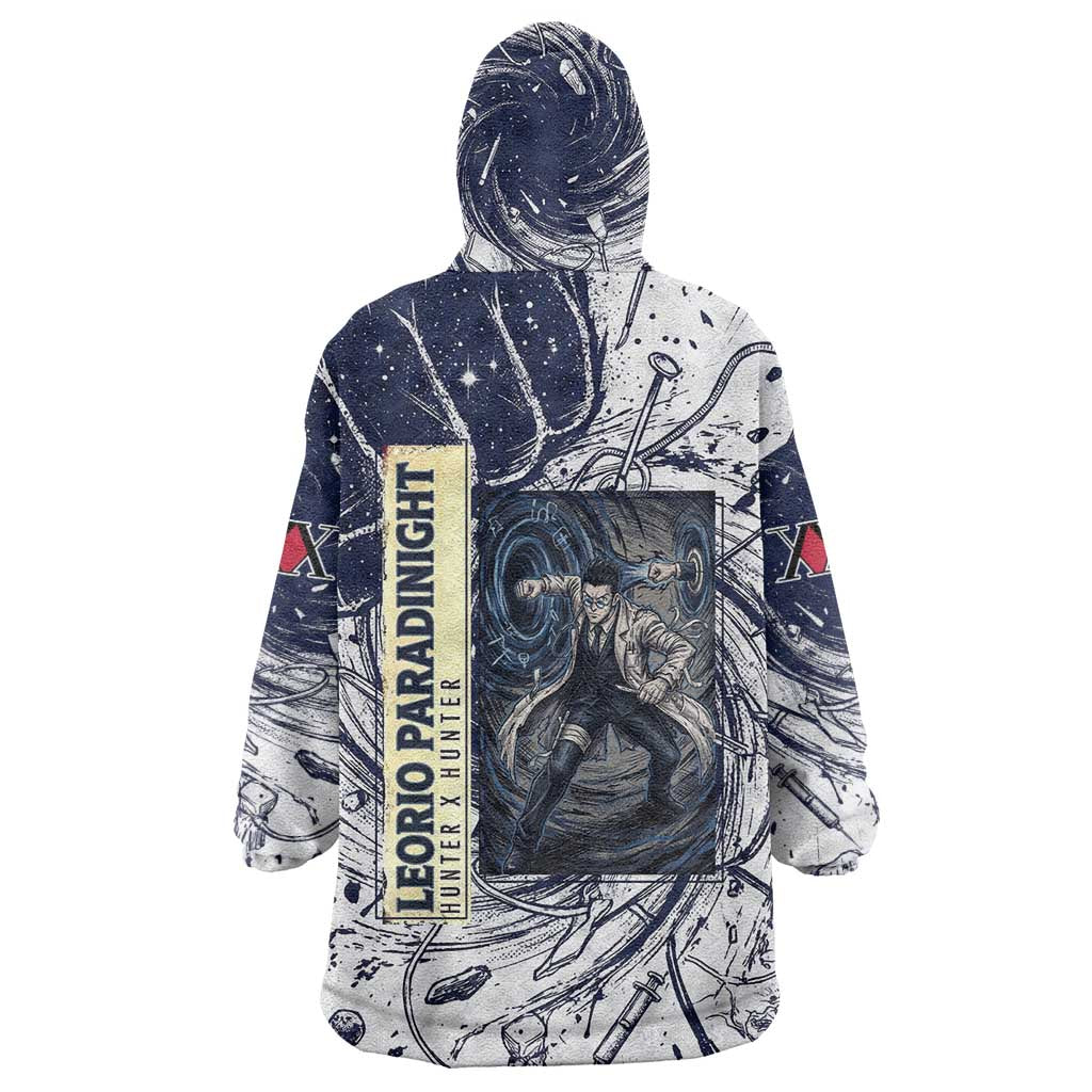 Leorio Paradinight Portal Energy Theme Wearable Blanket Hoodie with Dynamic Anime Artwork and Blue Grunge Design - The Mazicc