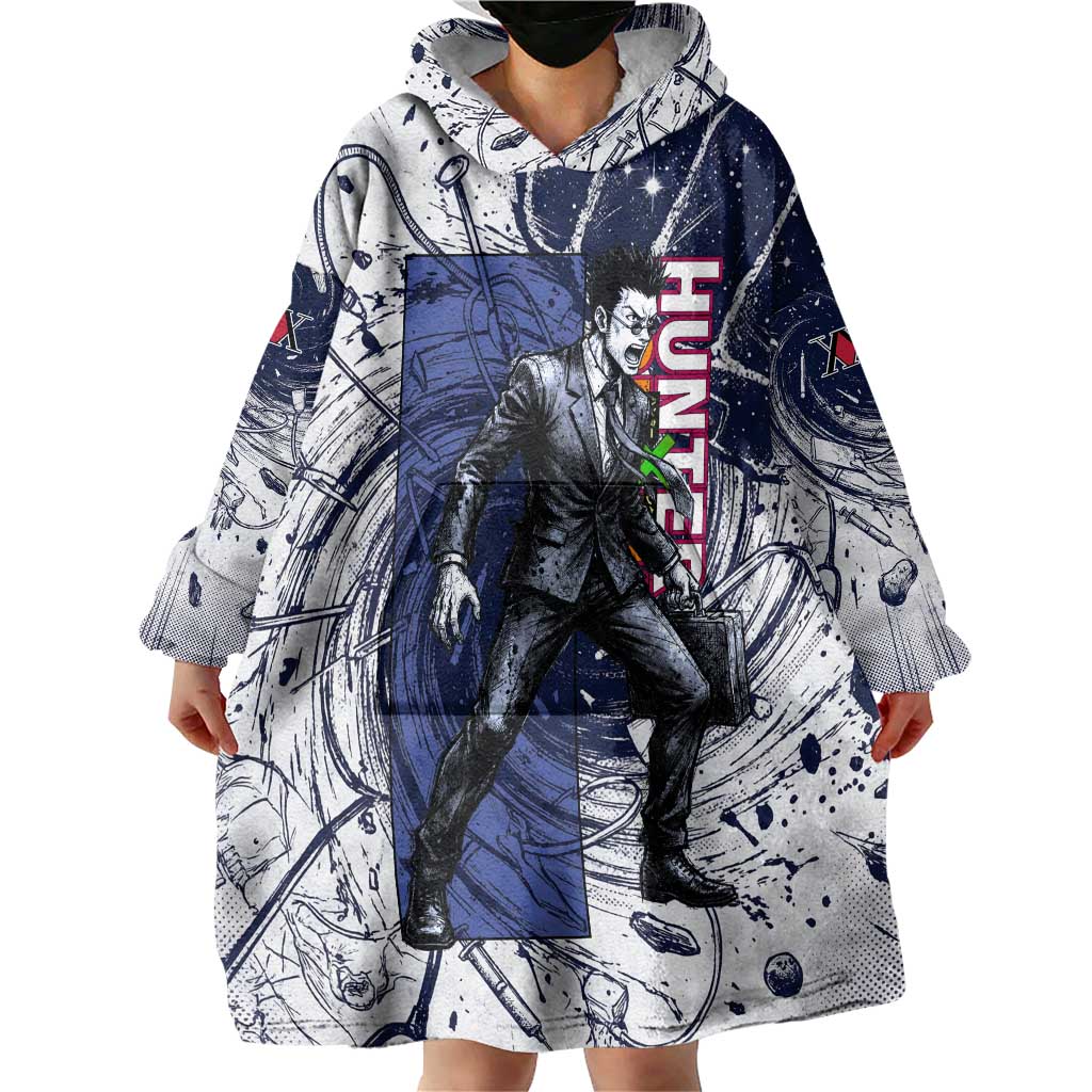 Leorio Paradinight Portal Energy Theme Wearable Blanket Hoodie with Dynamic Anime Artwork and Blue Grunge Design - The Mazicc