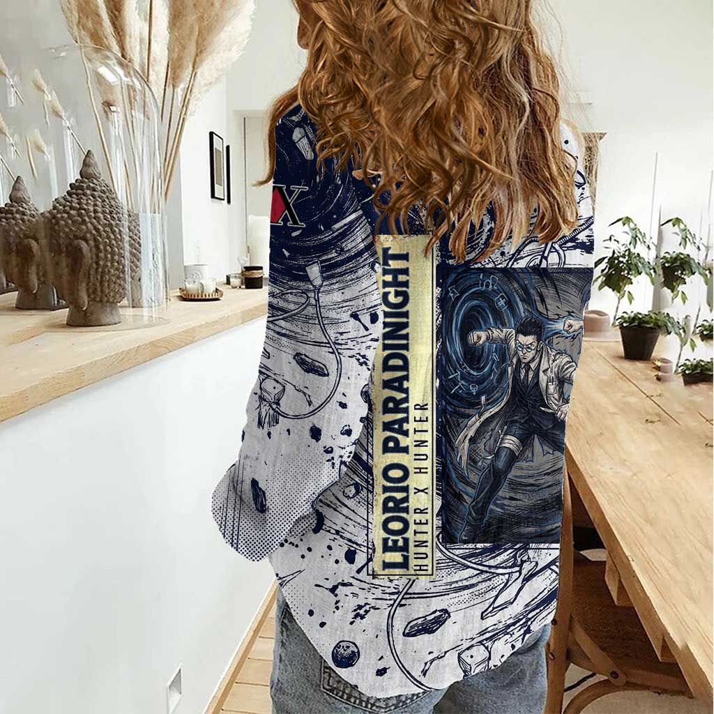 Leorio Paradinight Portal Energy Theme Women Casual Shirt with Dynamic Anime Artwork and Blue Grunge Design - The Mazicc