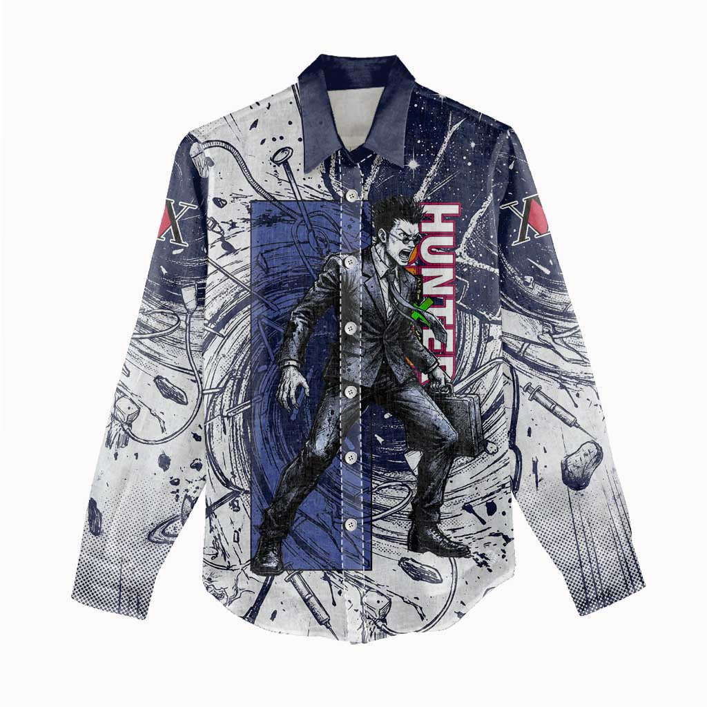Leorio Paradinight Portal Energy Theme Women Casual Shirt with Dynamic Anime Artwork and Blue Grunge Design - The Mazicc