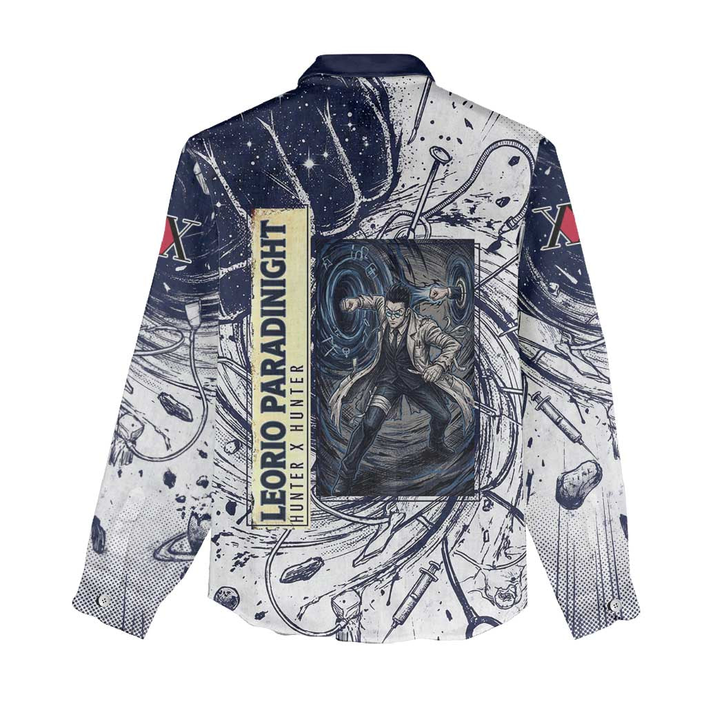 Leorio Paradinight Portal Energy Theme Women Casual Shirt with Dynamic Anime Artwork and Blue Grunge Design - The Mazicc