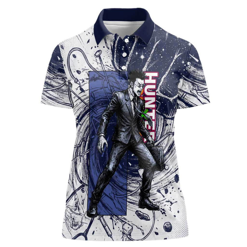 Leorio Paradinight Portal Energy Theme Women Polo Shirt with Dynamic Anime Artwork and Blue Grunge Design - The Mazicc
