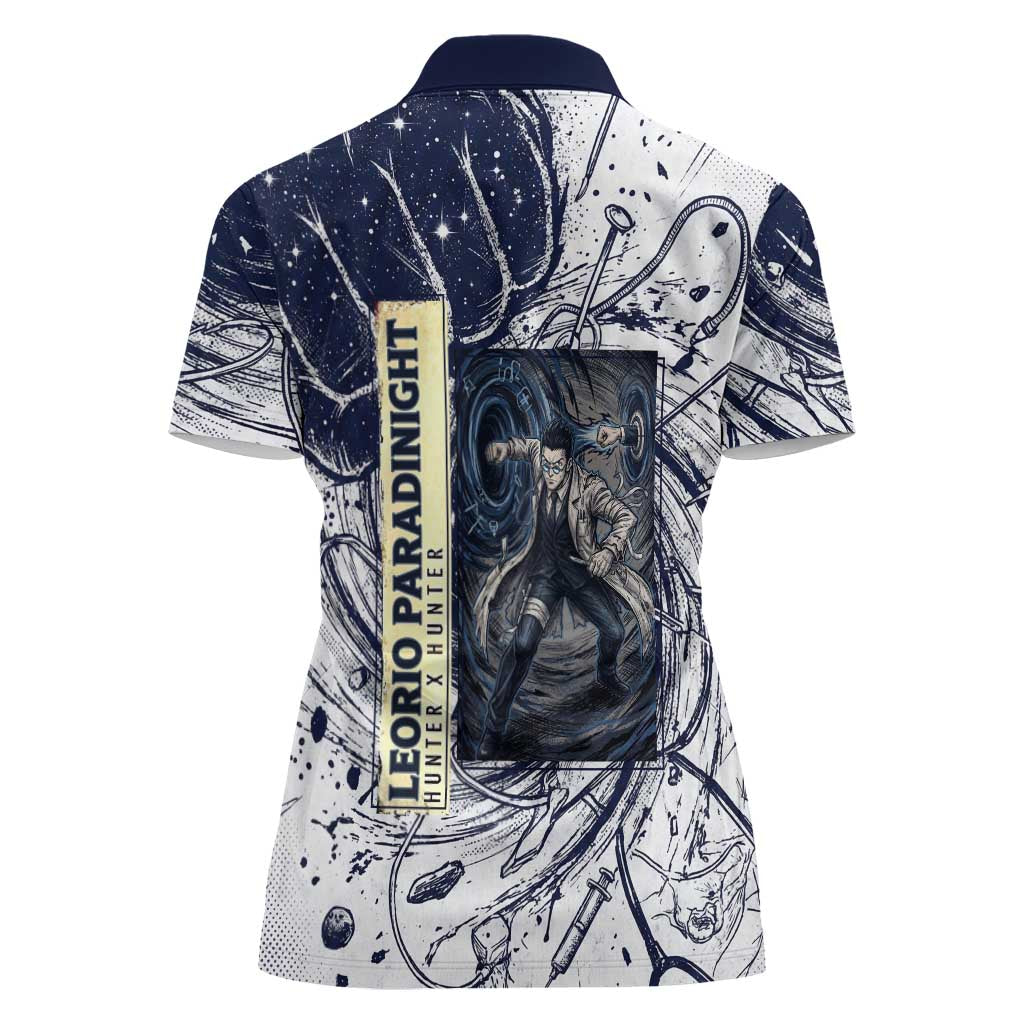 Leorio Paradinight Portal Energy Theme Women Polo Shirt with Dynamic Anime Artwork and Blue Grunge Design - The Mazicc