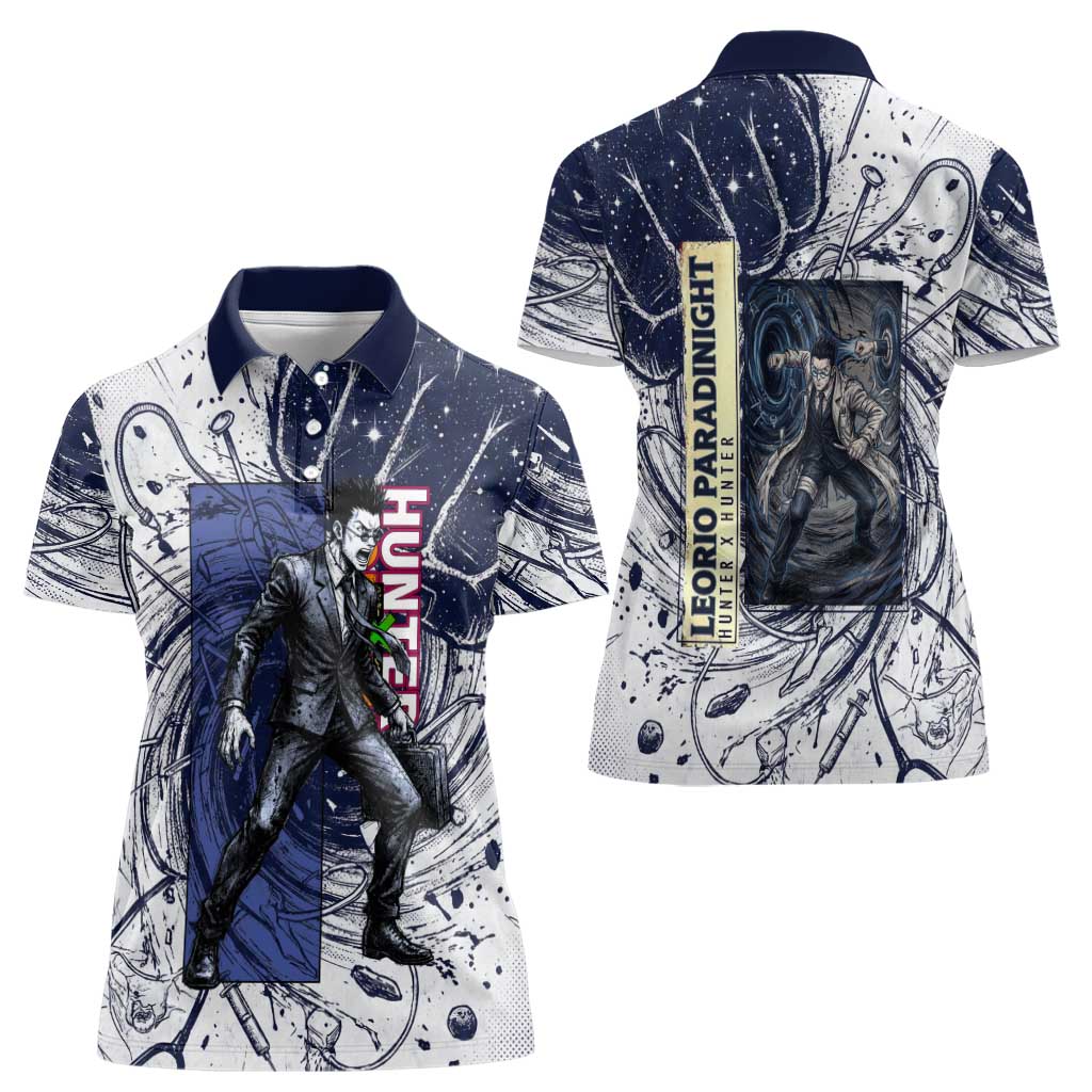 Leorio Paradinight Portal Energy Theme Women Polo Shirt with Dynamic Anime Artwork and Blue Grunge Design - The Mazicc