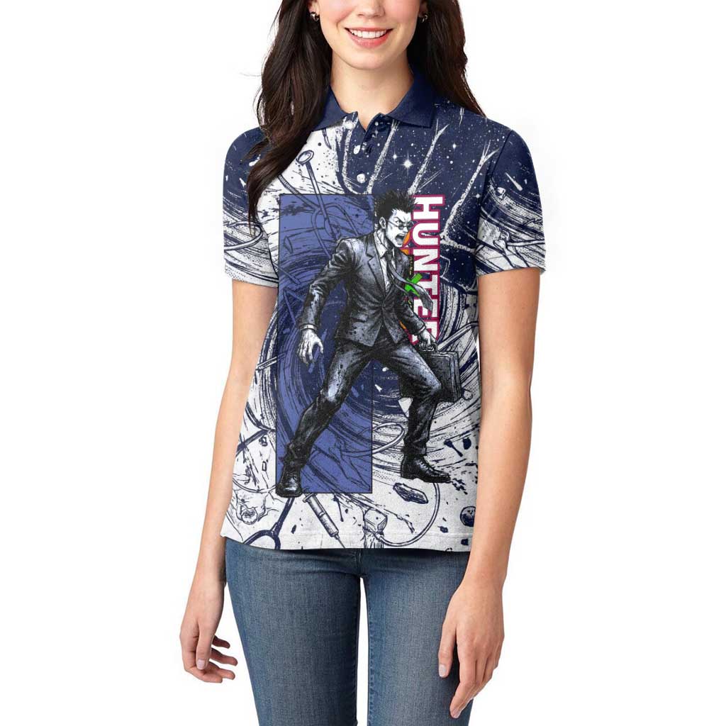 Leorio Paradinight Portal Energy Theme Women Polo Shirt with Dynamic Anime Artwork and Blue Grunge Design - The Mazicc