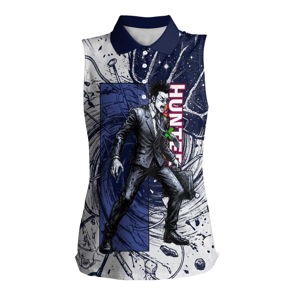 Leorio Paradinight Portal Energy Theme Women Sleeveless Polo Shirt with Dynamic Anime Artwork and Blue Grunge Design - The Mazicc