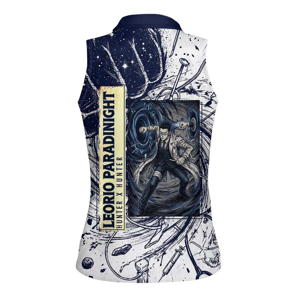 Leorio Paradinight Portal Energy Theme Women Sleeveless Polo Shirt with Dynamic Anime Artwork and Blue Grunge Design - The Mazicc