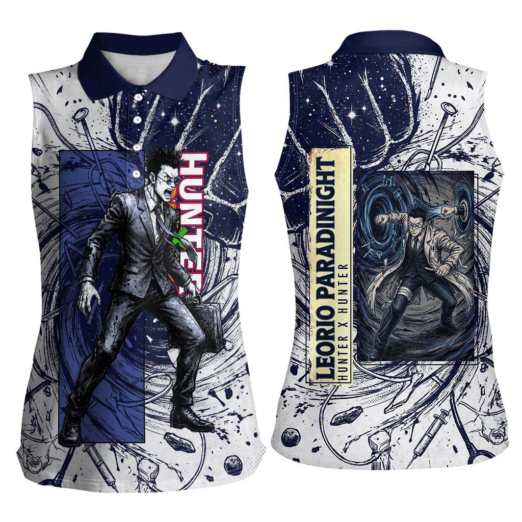 Leorio Paradinight Portal Energy Theme Women Sleeveless Polo Shirt with Dynamic Anime Artwork and Blue Grunge Design - The Mazicc