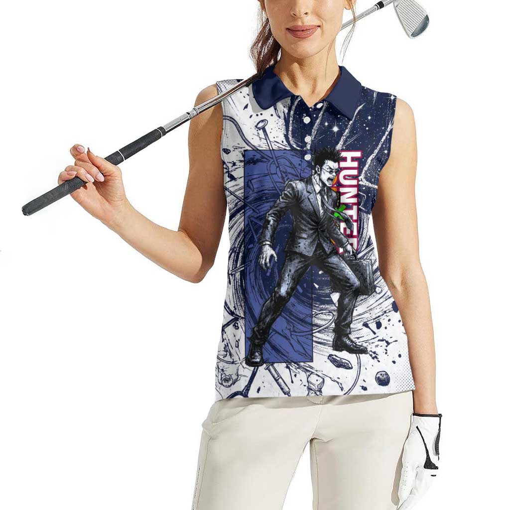 Leorio Paradinight Portal Energy Theme Women Sleeveless Polo Shirt with Dynamic Anime Artwork and Blue Grunge Design - The Mazicc