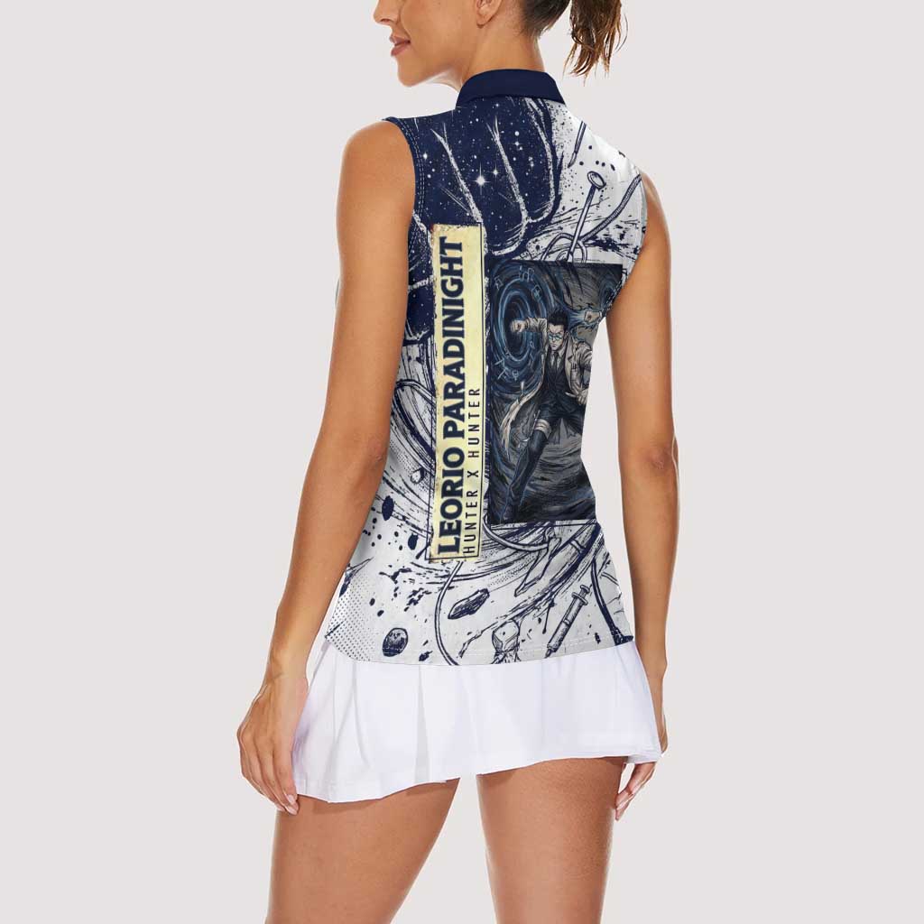 Leorio Paradinight Portal Energy Theme Women Sleeveless Polo Shirt with Dynamic Anime Artwork and Blue Grunge Design - The Mazicc