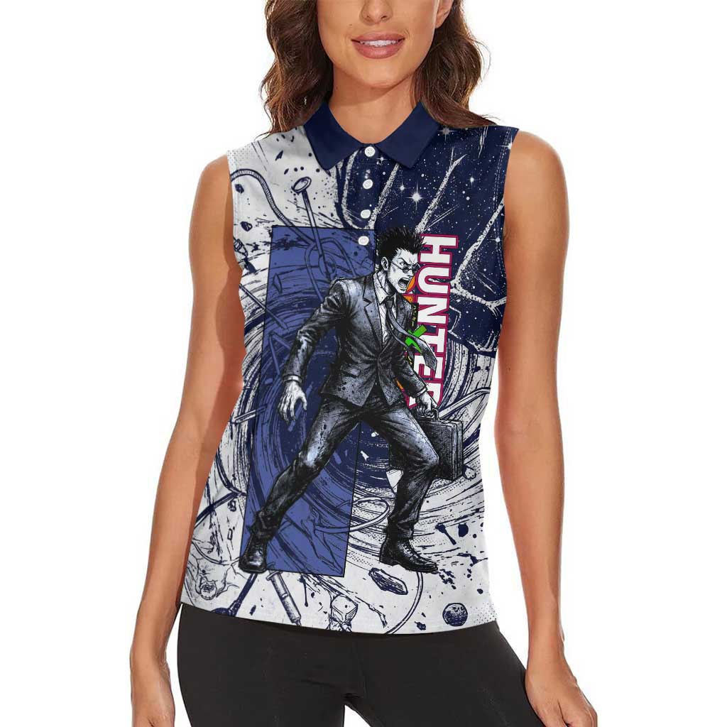 Leorio Paradinight Portal Energy Theme Women Sleeveless Polo Shirt with Dynamic Anime Artwork and Blue Grunge Design - The Mazicc