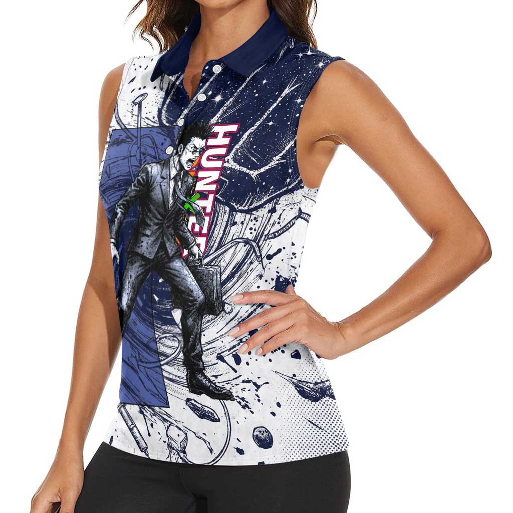 Leorio Paradinight Portal Energy Theme Women Sleeveless Polo Shirt with Dynamic Anime Artwork and Blue Grunge Design - The Mazicc