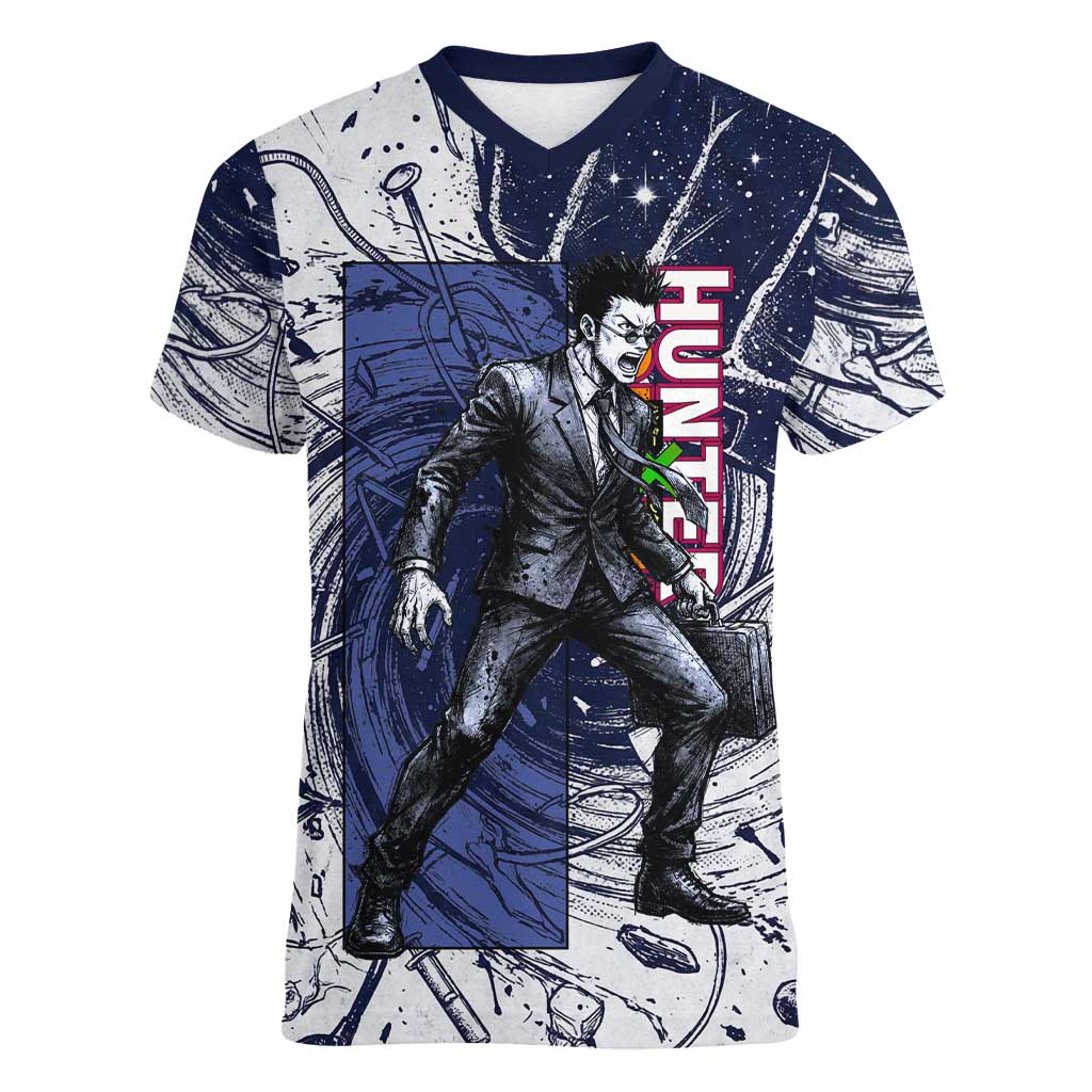 Leorio Paradinight Portal Energy Theme Women V-Neck T-Shirt with Dynamic Anime Artwork and Blue Grunge Design - The Mazicc