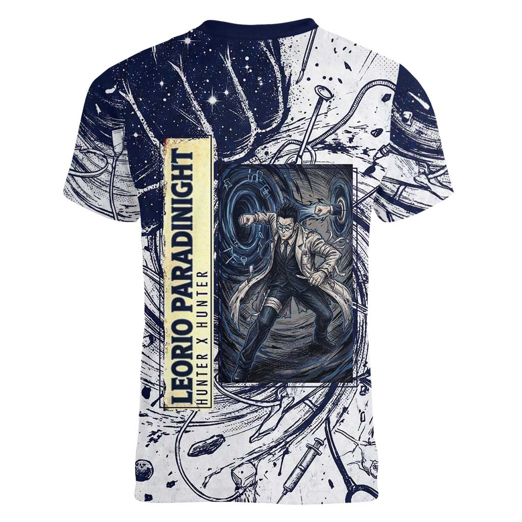 Leorio Paradinight Portal Energy Theme Women V-Neck T-Shirt with Dynamic Anime Artwork and Blue Grunge Design - The Mazicc