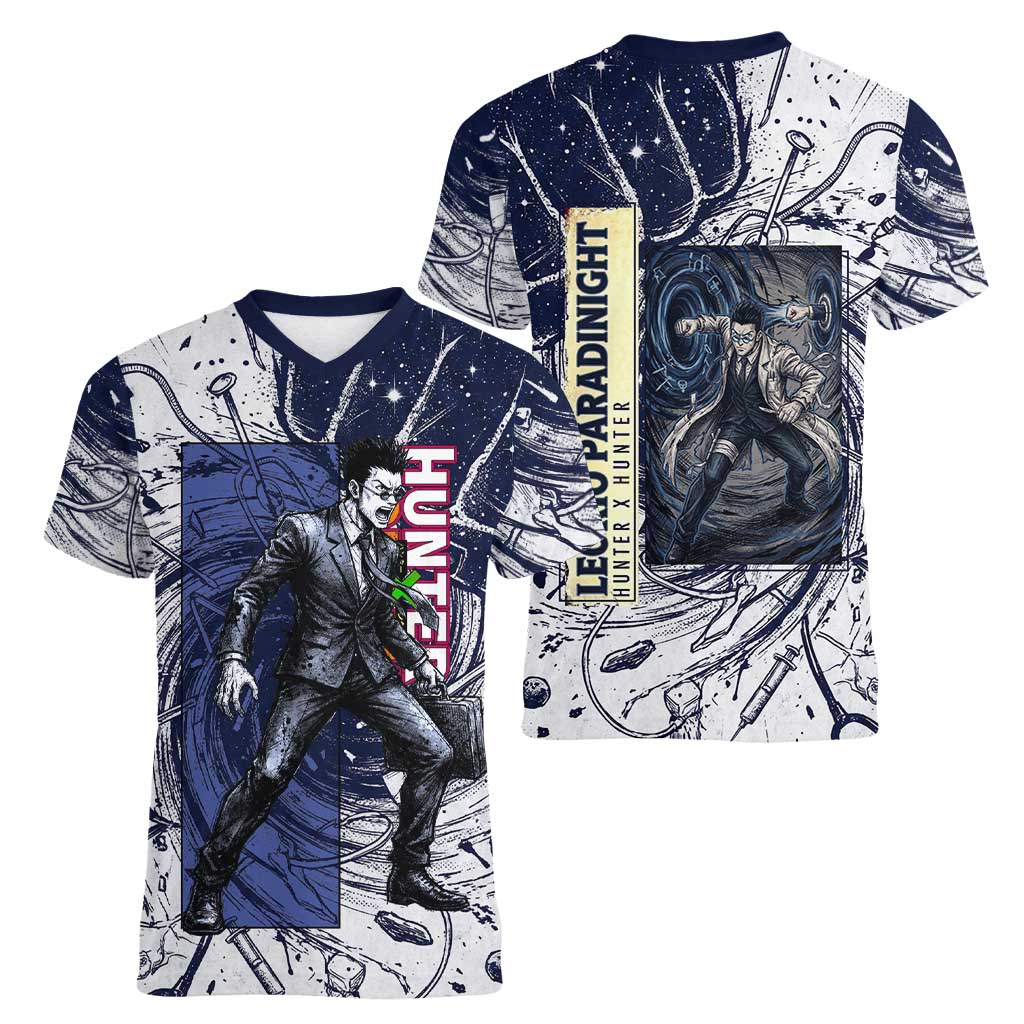 Leorio Paradinight Portal Energy Theme Women V-Neck T-Shirt with Dynamic Anime Artwork and Blue Grunge Design - The Mazicc