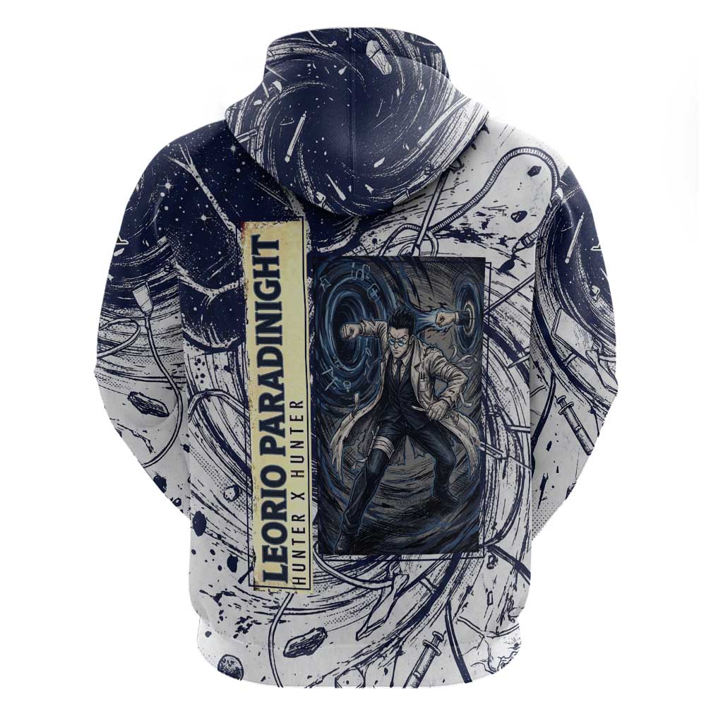 Leorio Paradinight Portal Energy Theme Zip Hoodie with Dynamic Anime Artwork and Blue Grunge Design - The Mazicc