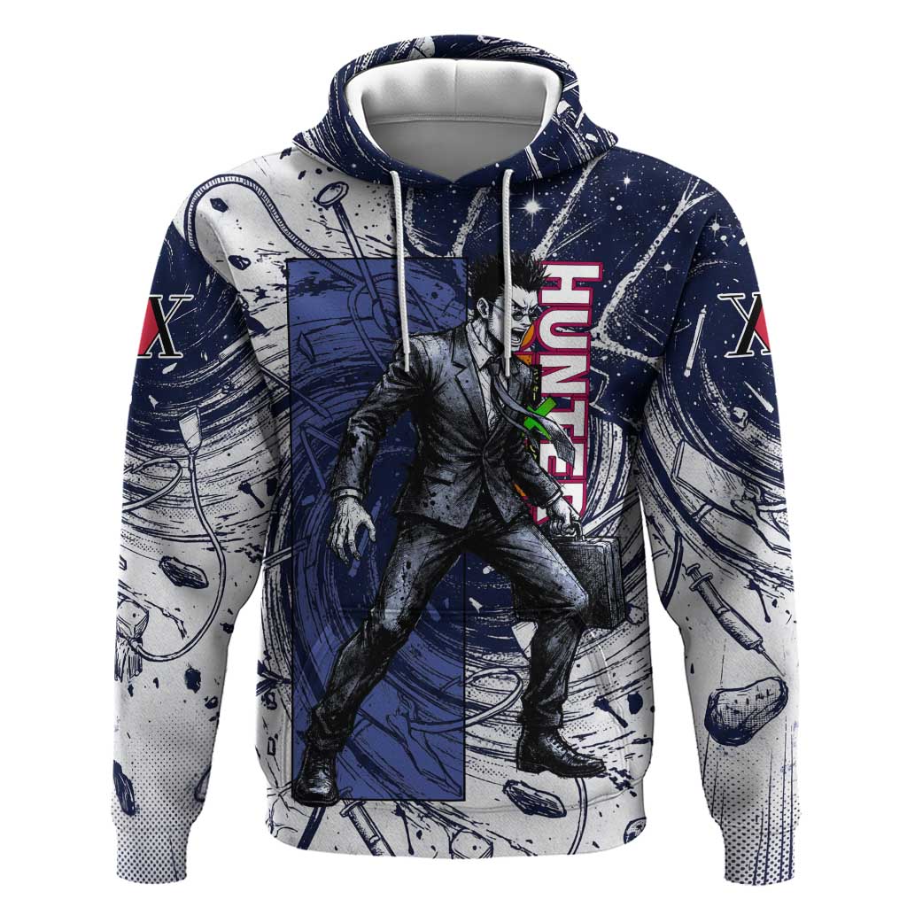 Leorio Paradinight Portal Energy Theme Zip Hoodie with Dynamic Anime Artwork and Blue Grunge Design - The Mazicc