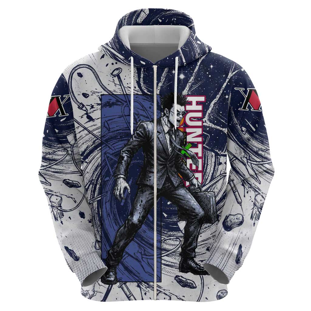 Leorio Paradinight Portal Energy Theme Zip Hoodie with Dynamic Anime Artwork and Blue Grunge Design - The Mazicc