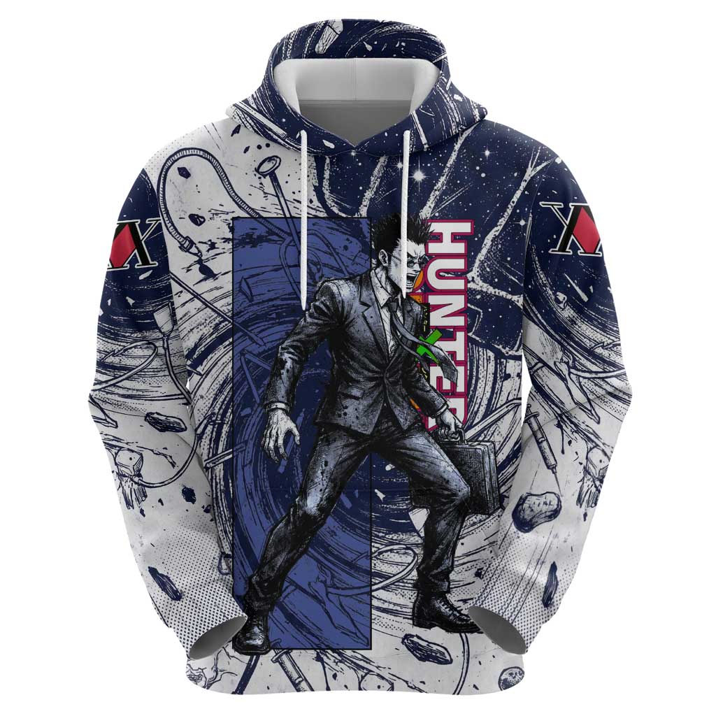 Leorio Paradinight Portal Energy Theme Zip Hoodie with Dynamic Anime Artwork and Blue Grunge Design - The Mazicc