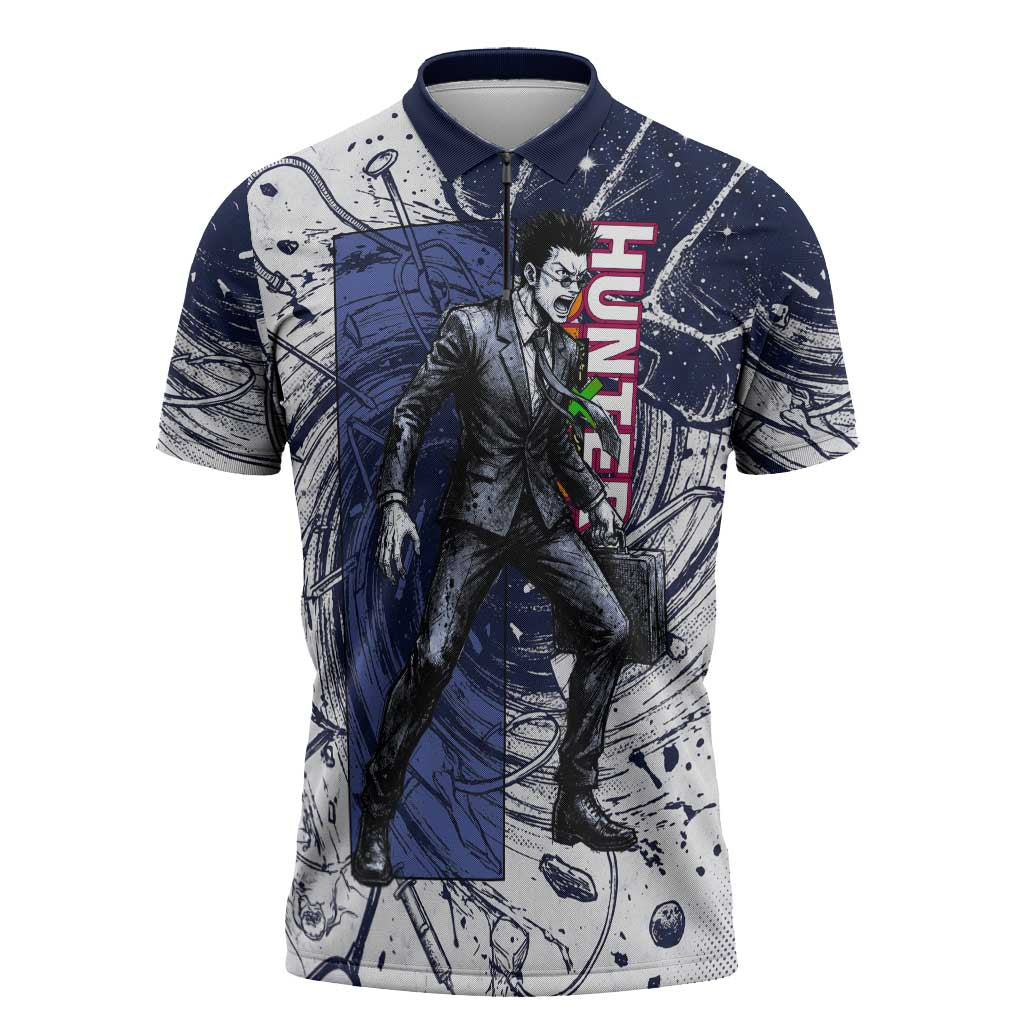 Leorio Paradinight Portal Energy Theme Zipper Polo Shirt with Dynamic Anime Artwork and Blue Grunge Design - The Mazicc