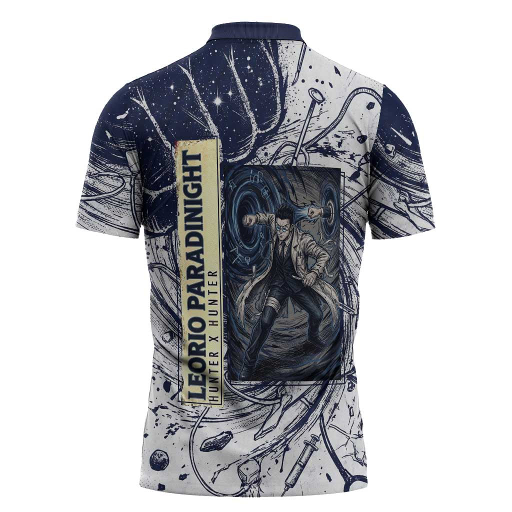 Leorio Paradinight Portal Energy Theme Zipper Polo Shirt with Dynamic Anime Artwork and Blue Grunge Design - The Mazicc