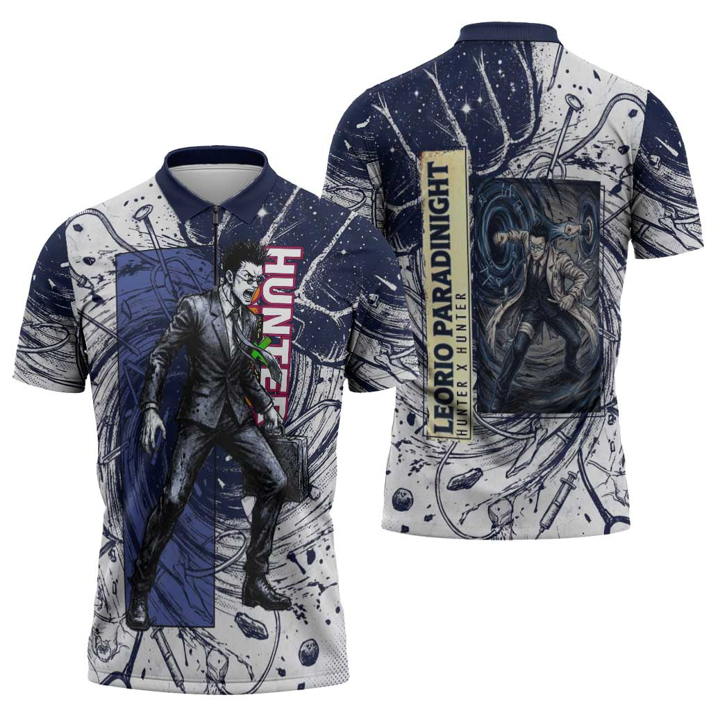 Leorio Paradinight Portal Energy Theme Zipper Polo Shirt with Dynamic Anime Artwork and Blue Grunge Design - The Mazicc