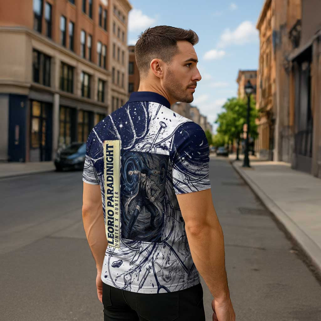 Leorio Paradinight Portal Energy Theme Zipper Polo Shirt with Dynamic Anime Artwork and Blue Grunge Design - The Mazicc