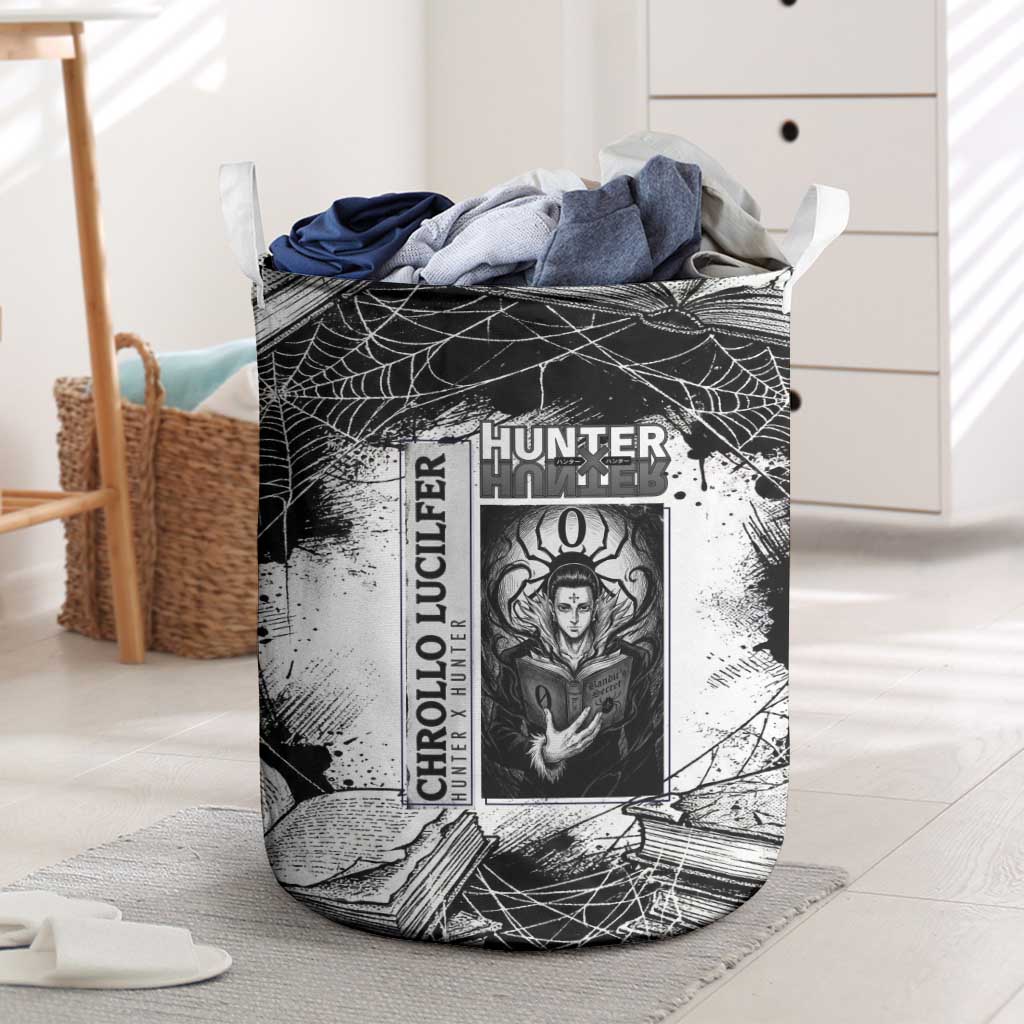 Chrollo Lucilfer Gothic Style Laundry Basket with Spider Webs, Grimoire Illustration and Monochrome Design - The Mazicc