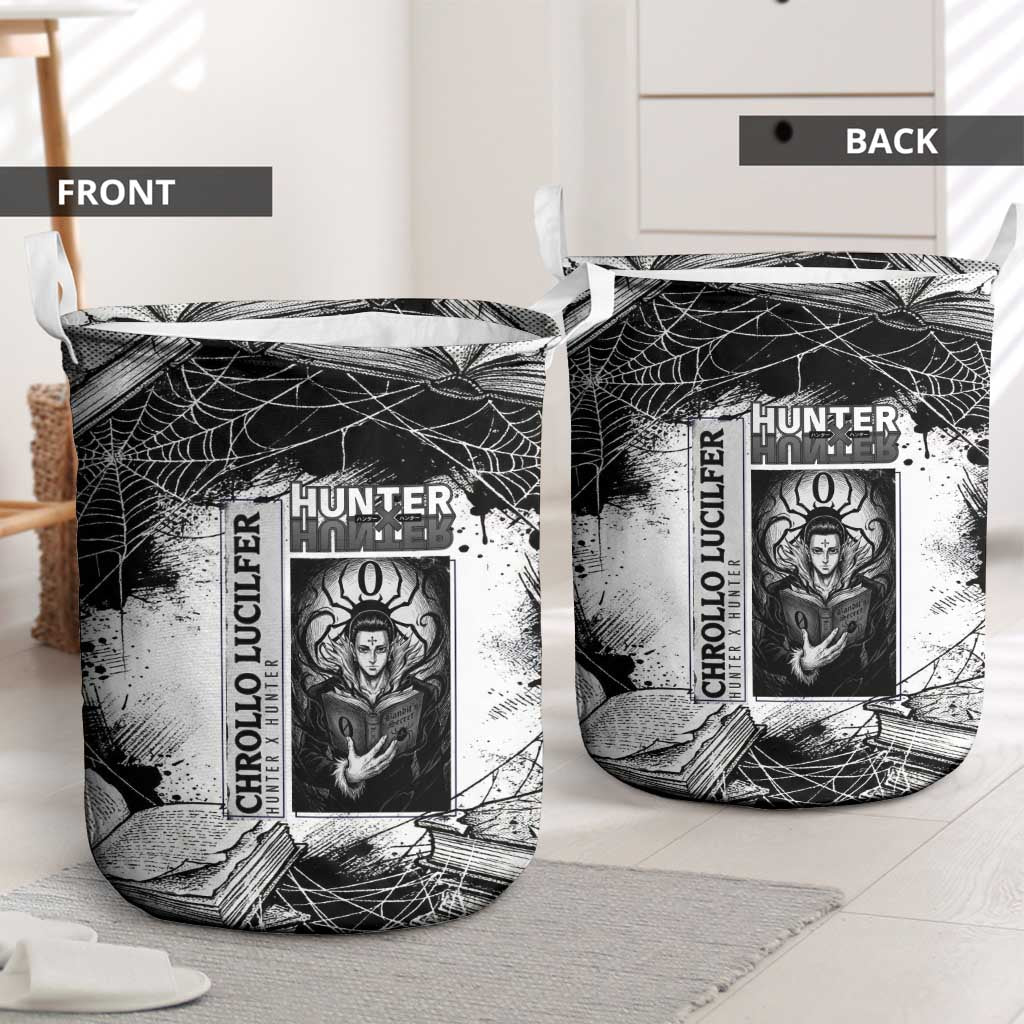 Chrollo Lucilfer Gothic Style Laundry Basket with Spider Webs, Grimoire Illustration and Monochrome Design - The Mazicc