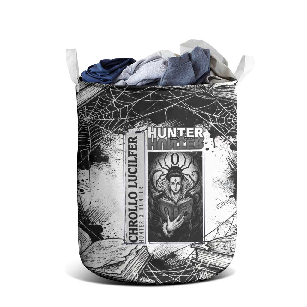 Chrollo Lucilfer Gothic Style Laundry Basket with Spider Webs, Grimoire Illustration and Monochrome Design - The Mazicc
