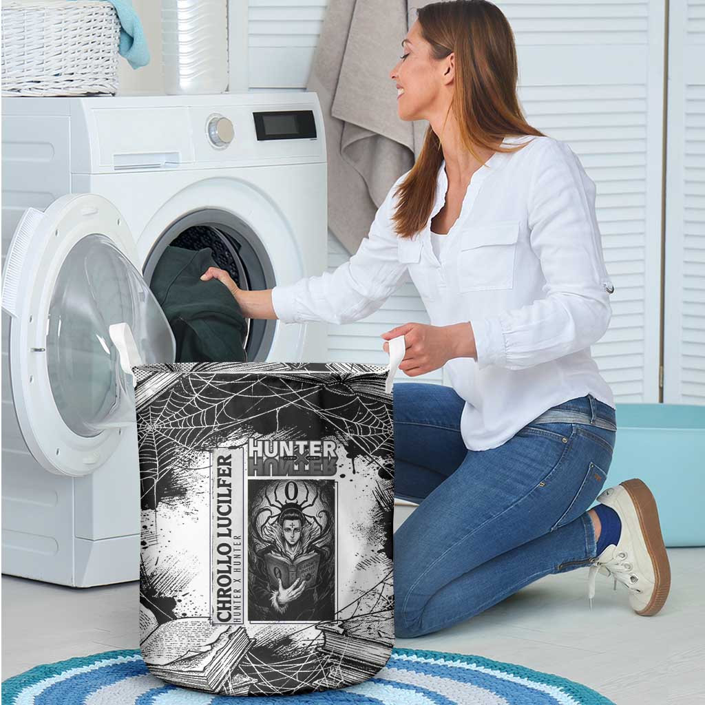 Chrollo Lucilfer Gothic Style Laundry Basket with Spider Webs, Grimoire Illustration and Monochrome Design - The Mazicc