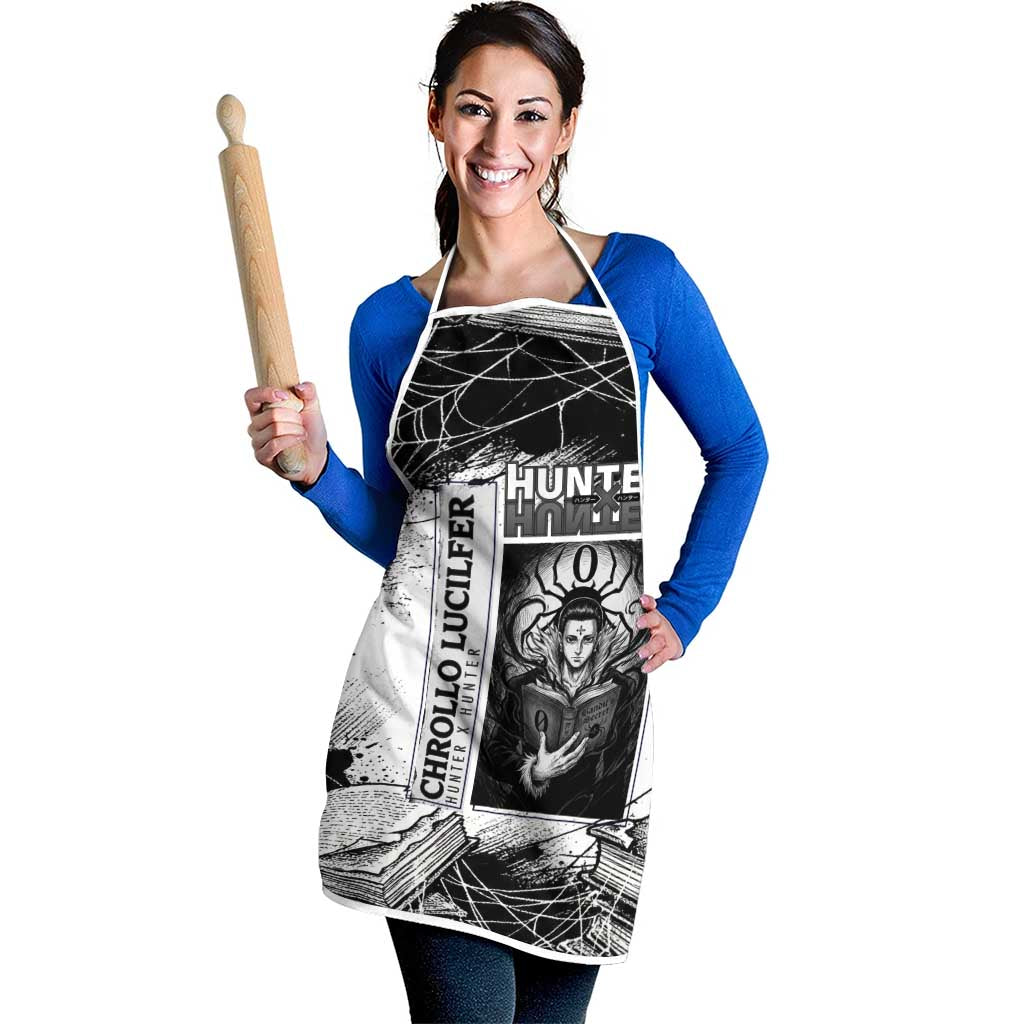 Chrollo Lucilfer Gothic Style Apron with Spider Webs, Grimoire Illustration and Monochrome Design - The Mazicc