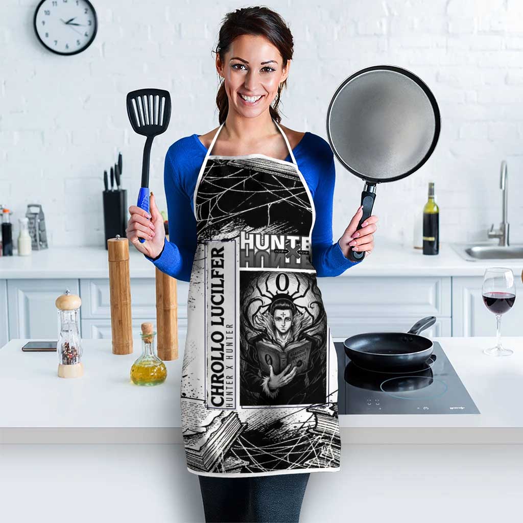 Chrollo Lucilfer Gothic Style Apron with Spider Webs, Grimoire Illustration and Monochrome Design - The Mazicc