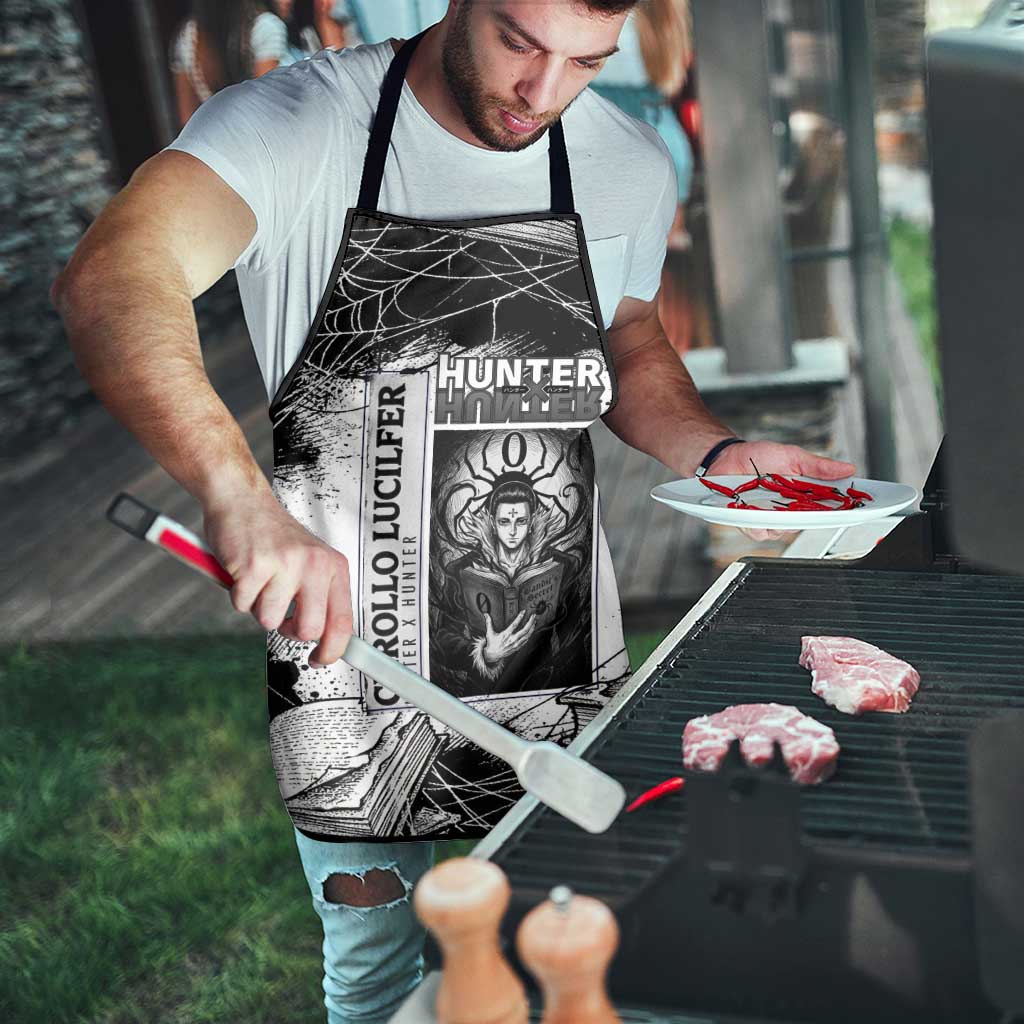 Chrollo Lucilfer Gothic Style Apron with Spider Webs, Grimoire Illustration and Monochrome Design - The Mazicc