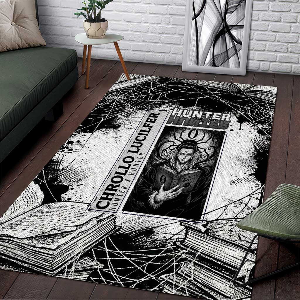 Chrollo Lucilfer Gothic Style Area Rug with Spider Webs, Grimoire Illustration and Monochrome Design - The Mazicc